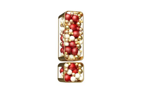 Foto de Estructura dorada en forma de signo de exclamación lleno de bolas de Navidad rojas, blancas y doradas.Representación 3D de alta calidad. - Imagen libre de derechos