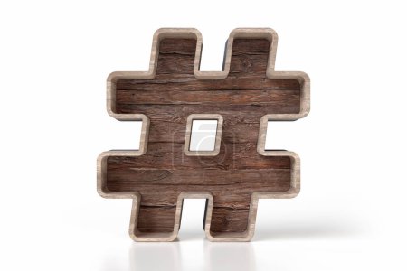 Photo for Bark wooden rustic shelf in the shape of a hashtag sign with empty spaces to display products such as books, vases or cosmetics. High quality 3D rendering. - Royalty Free Image