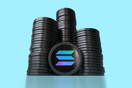 Stapel von Solana-Kryptomünzen aus einem niedrigen Blickwinkel betrachtet. Illustratives Konzept des Handels mit digitalen Vermögenswerten. Hochwertiges 3D-Rendering.