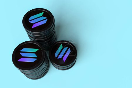 Solana token coin stacks from upper view. Suitable for crypto currencies holding and trading concepts. High quality 3D rendering.