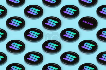 Solana cryptocurrency tokens arranged on a bluish surface forming a row pattern seen in perspective from above. Suitable for illustrating news, ads and articles. High quality 3D rendering.