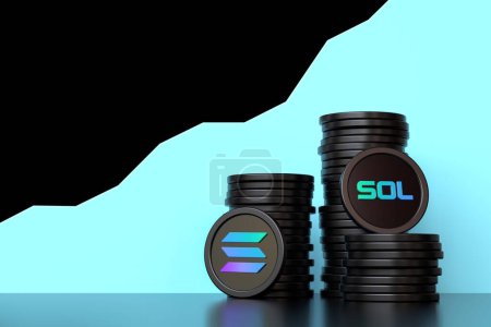 Solana-Krypto-Token stapeln sich vor einer bulligen Hintergrundlinie. Design passend für Kryptowährungskonzepte. Hochwertiges 3D-Rendering.