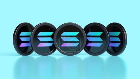 5 criptomonedas Solana Sol monedas vistas desde diferentes ángulos sobre un fondo azul. Diseño ilustrativo para conceptos de activos digitales. Renderizado 3D de alta calidad.