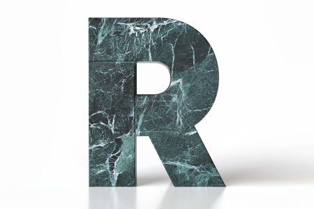 Marbleized effect 3D letter R in dark green and teal tones. High quality 3d rendering.