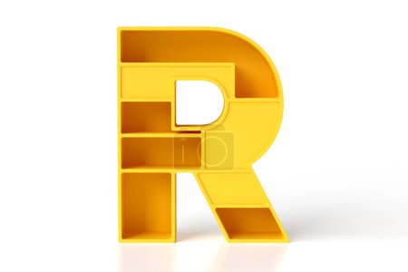Téléchargez les photos : Lettre géométrique R en plastique peint jaune mat avec étagères et cavités de rangement. rendu 3D haute définition. - en image libre de droit