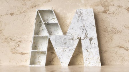Téléchargez les photos : Lettre en marbre M 3d avec étagères vides conçues pour afficher des livres ou de petits objets. rendu 3D - en image libre de droit
