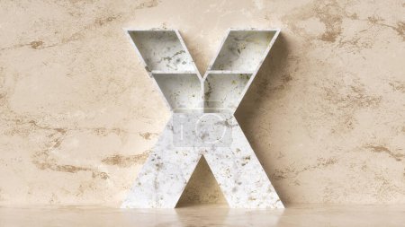 Téléchargez les photos : Lettre "X" 3d sculpté en marbre blanc avec des textures grises et dorées Mur et sol en pierre de marbre beige. rendu 3D. - en image libre de droit