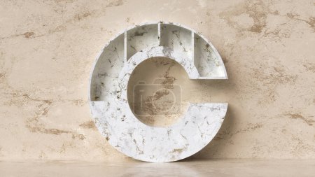 Photo for 3D shelving made of marble stone with letter C shape on a marbled wall background. Empty spaces to display products. 3D rendering. - Royalty Free Image