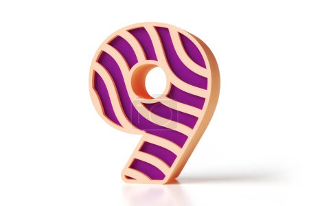 Photo for 3D number 9 made of peachy outline and violet wavy pattern. High quality 3D rendering. - Royalty Free Image