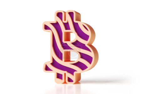 Téléchargez les photos : Bitcoin violet et beige icône signe avec un motif fait de lignes ondulées soulevées. Conception haute résolution adaptée aux en-têtes, affiches, publicités ou projets web. rendu 3D. - en image libre de droit