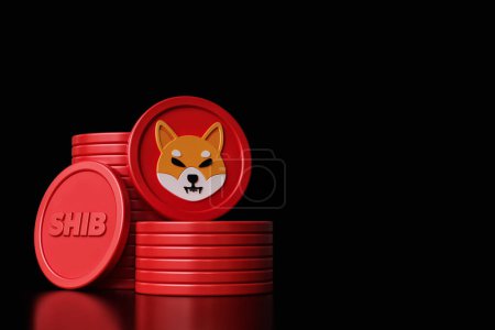 Photo for Stacks of Shiba token coins and copy space on a black background. Shiba symbol and Shib ticker icons. High quality 3D rendering. - Royalty Free Image