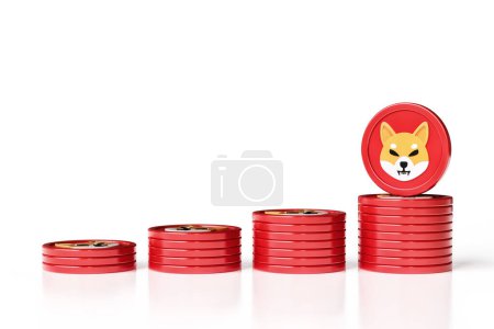 Téléchargez les photos : Des piles de pièces de monnaie de Shiba Inu triées dans l'ordre du plus petit au plus grand isolé sur un fond blanc. Conception appropriée pour les annonces et les bannières pour les concepts de crypto-monnaie. rendu 3D haute définition. - en image libre de droit