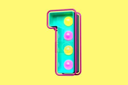 Foto de Bombilla carpa tipografía dígito número 1 en verde azulado con luces rosas y amarillas. Renderizado 3D de alta calidad - Imagen libre de derechos