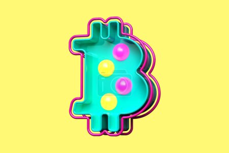 Photo for 90s style Bitcoin 3D logo. Light bulb marquee illustration in teal, yellow and pink. High quality 3D rendering - Royalty Free Image