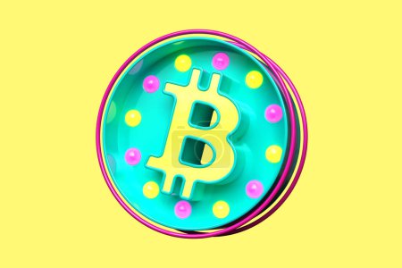 Téléchargez les photos : Coloré 80 style 3D Bitcoin Btc logo. Ampoule vintage marquise en sarcelle, jaune et rose. rendu 3D de haute qualité - en image libre de droit