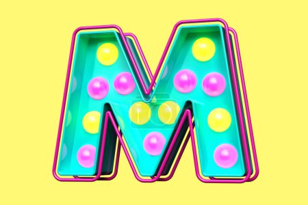 Foto de Bombilla carpa tipografía letra M en verde azulado con luces rosas y amarillas. Renderizado 3D de alta calidad - Imagen libre de derechos