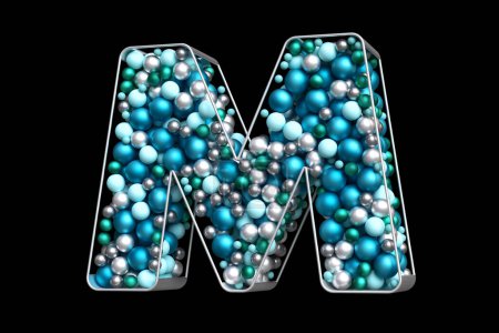 Téléchargez les photos : Boules de Noël Typographie 3D de boules bleues, argentées et sarcelles flottant dans une structure argentée. Belle lettre M pour les concepts de célébrations hivernales. rendu 3D de haute qualité. - en image libre de droit