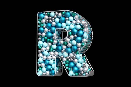 Foto de Fuente de Navidad 3D de bolas azules, plateadas y verde azulado flotando en forma de letra R plateada. Renderizado 3D de alta calidad. - Imagen libre de derechos
