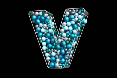 Photo for Creative font made of blue, silver and teal baubles, isolated letter V suitable for celebration and winter festive designs. High definition 3D rendering. - Royalty Free Image