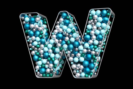 Foto de Tipografía de bolas de Navidad azul, plata y verde azulado flotando en una estructura plateada. Hermosa letra creativa W con efecto tridimensional. Renderizado 3D de alta calidad. - Imagen libre de derechos