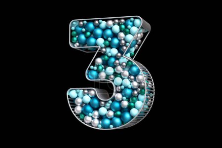 Photo for Christmas 3D typography of silver, blue and teal balls floating on black background. Beautiful digit number 3 in a winter holidays celebration concept. High quality 3D rendering. - Royalty Free Image
