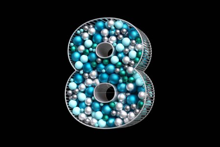 Photo for Christmas balls font 3D digit number 8 isolated on black background. Celebration style typeface made of a mix of blue, teal and silver balls floating in a silvery tubular structure. 3D rendering. - Royalty Free Image