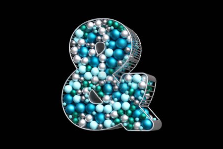 Téléchargez les photos : Fonte de Noël 3D de boules argentées, bleues et sarcelles flottant dans une forme de signe Ampersand argenté. rendu 3D de haute qualité. - en image libre de droit