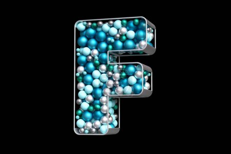 Foto de Alfabeto de Navidad 3D de bolas de plata, azul y verde azulado flotando en forma de F plateada. Renderizado 3D de alta calidad. - Imagen libre de derechos