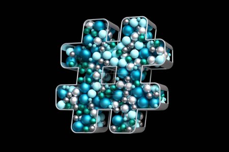 Foto de Signo de hashtag lleno de bolas de Navidad. Bolas de plata, azul y verde azulado flotando en forma de hashtag plateado. Renderizado 3D de alta calidad. - Imagen libre de derechos