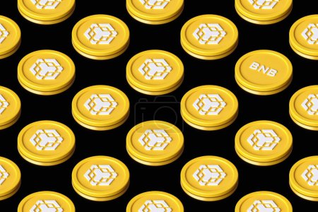 Bnb Binance Smart Chain cryptocurrency tokens arranged on a shiny black surface forming a row pattern seen in perspective from above. Suitable for illustrating news and ads. High quality 3D rendering.