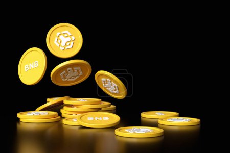 Photo for Bnb Binance Smart Chain cryptocurrency dynamic illustration of falling tokens and stacks of coins isolated on black background. High quality 3D rendering. - Royalty Free Image