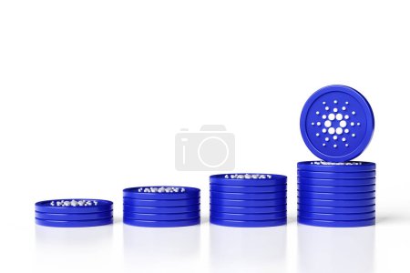Photo for Set of Cardano Ada token stacks sorted in order from smallest to largest. Illustrative design suitable for cryptocurrency concepts. High definition 3D rendering - Royalty Free Image