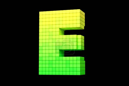 Téléchargez les photos : Lettre de style pixel art 16 bits E en jaune et vert. rendu 3D haute définition. - en image libre de droit