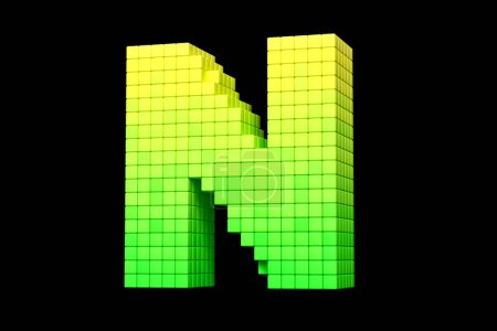 Téléchargez les photos : Pixel lettre de police d'art N en jaune à vert schéma de couleurs. rendu 3D de haute qualité. - en image libre de droit