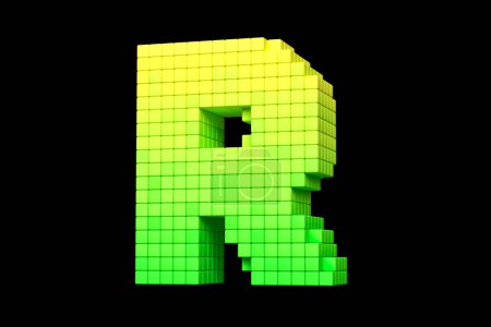 Téléchargez les photos : Style pixel lettre de police R en jaune à vert schéma de couleurs. rendu 3D de haute qualité. - en image libre de droit
