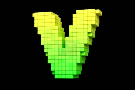 Téléchargez les photos : Police faite de mosaïque de cubes lettre V dans le schéma de couleur jaune à vert. rendu 3D de haute qualité. - en image libre de droit