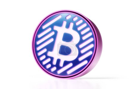 Téléchargez les photos : Bitcoin 3D icône de style cyberpunk en bleu et violet. rendu 3D de haute qualité. - en image libre de droit