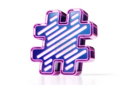 Foto de Símbolo de etiqueta 3D estilo cyberpunk en azul y púrpura. Renderizado 3D de alta calidad. - Imagen libre de derechos