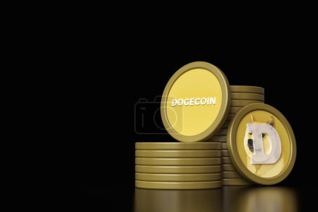 Photo for Set of Doge Dogecoin coin stacks and tokens showing logo and asset name. Illustrative design suitable for cryptocurrency and altcoin concepts. High quality 3D rendering. - Royalty Free Image