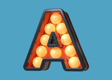 Photo for Nostalgic light bulb marquee alphabet in dark blue with orange light. Typography 3D letter A. High quality 3D rendering. - Royalty Free Image