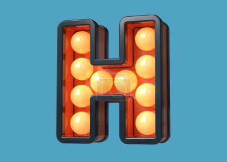 Photo for Vintage light bulb marquee lettering in blue with warm orange light. 3D letter H. High quality 3D rendering. - Royalty Free Image