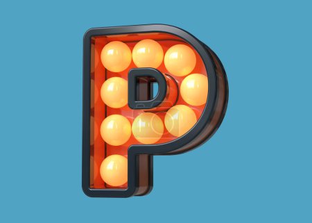 Photo for 3D font letter P in dark blue with warm orange luminous dots. Retro modern light bulb marquee typography. High quality 3D rendering. - Royalty Free Image