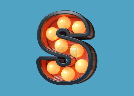 Photo for Vintage font 3D letter S in dark blue with orange light. Decorative light bulb marquee lettering. High quality 3D rendering. - Royalty Free Image