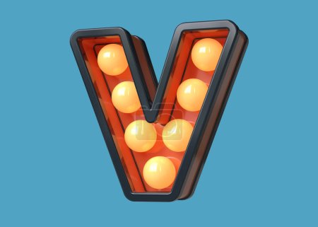 Photo for Light bulb marquee alphabet in dark blue and orange. 3D letter V. High quality 3D rendering. - Royalty Free Image