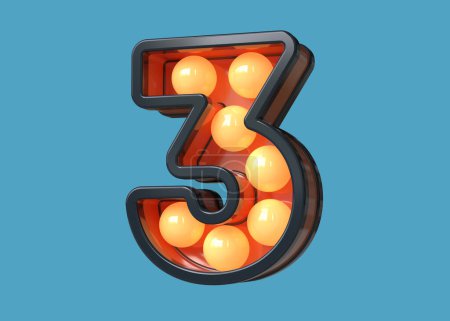 Téléchargez les photos : Ampoule indicatif numéro 3 en bleu avec lumière orange chaude. rendu 3D de haute qualité. - en image libre de droit