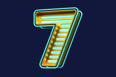 Foto de Estilo futurista número 7 en oro metalizado y azul brillante. Colorido alfabeto de neón 3D. Renderizado 3D de alta calidad - Imagen libre de derechos