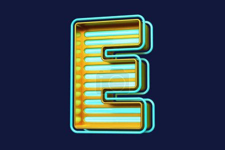 Photo for Metal box with luminous strips in the shape of the letter E in gold and blue. Attractive colorful neon font. High quality 3D rendering - Royalty Free Image
