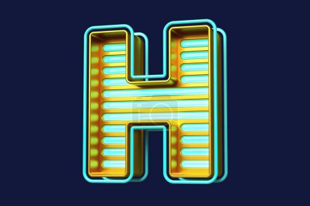 Foto de Letra futurista brillante H en oro metalizado y tiras azules. Colorido juego de fuente 3D. Renderizado 3D de alta calidad - Imagen libre de derechos