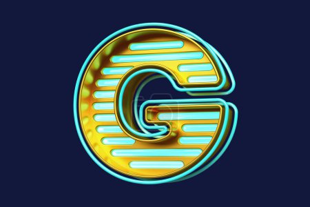Foto de Tipografía 3D. Atractiva letra G con diseño de neón en oro y azul. Renderizado 3D de alta calidad - Imagen libre de derechos