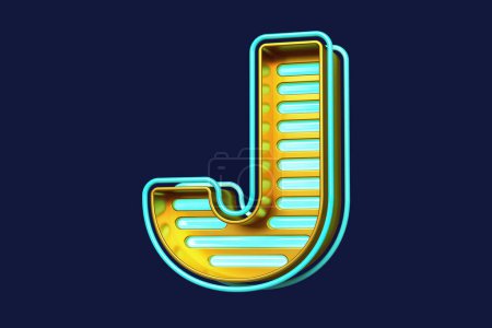 Photo for Metal box with luminous strips in the shape of the letter J in gold and blue. Attractive colorful neon font. High quality 3D rendering. - Royalty Free Image